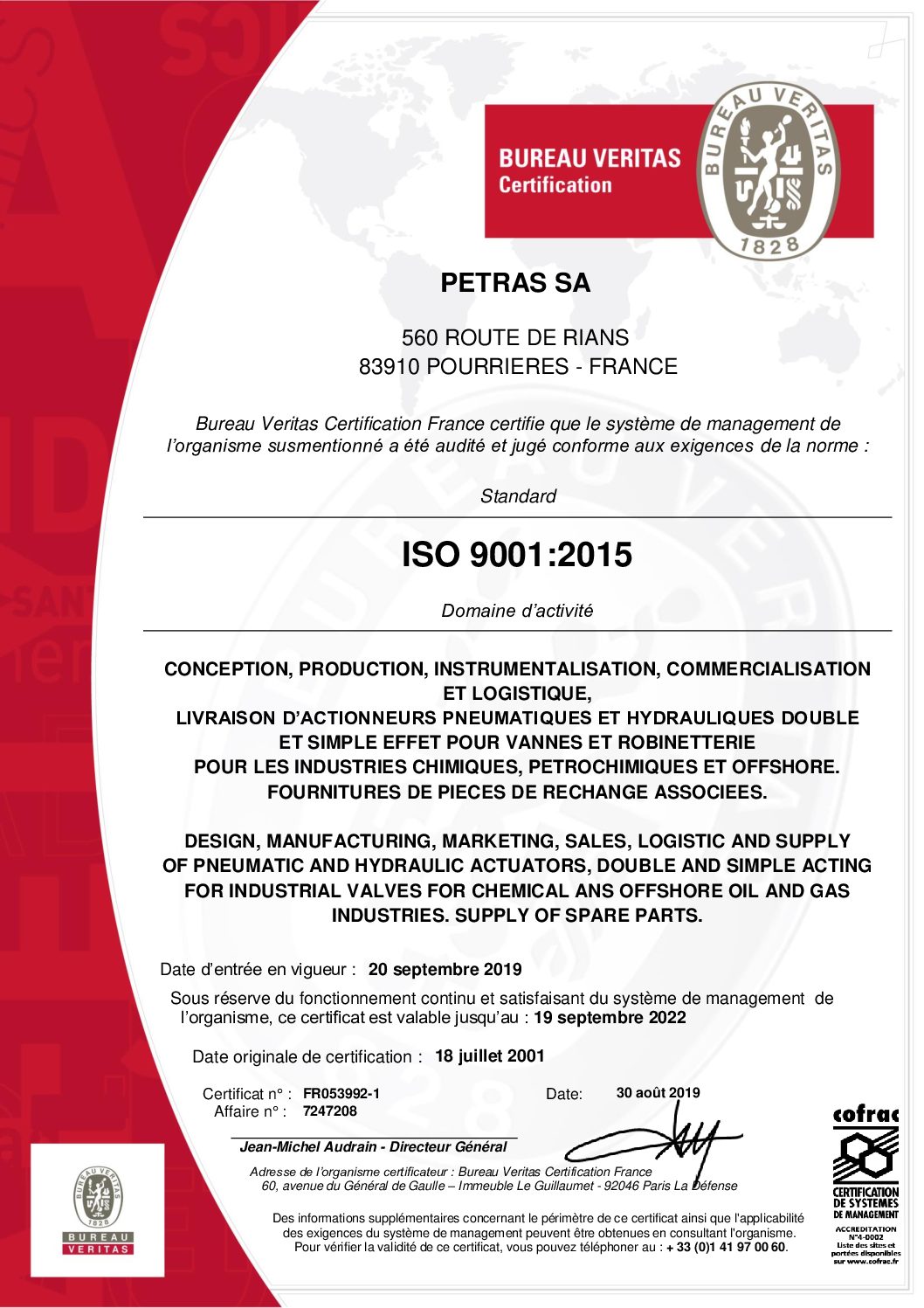 Certificat ISO 9001 PETRAS