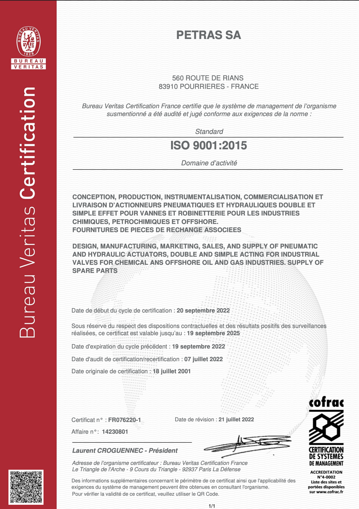 Certificat ISO 9001 PETRAS