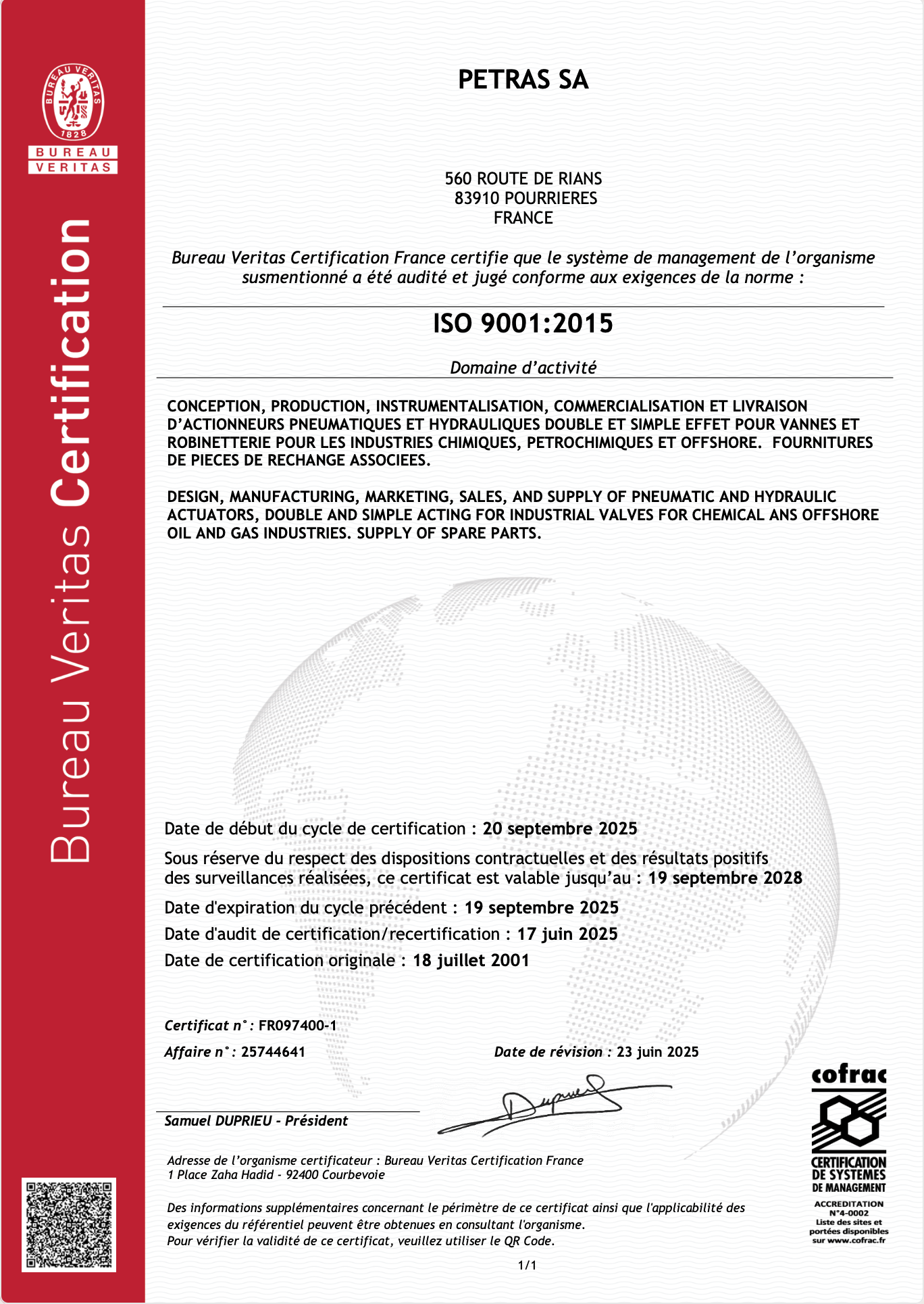 Certificat ISO 9001 PETRAS