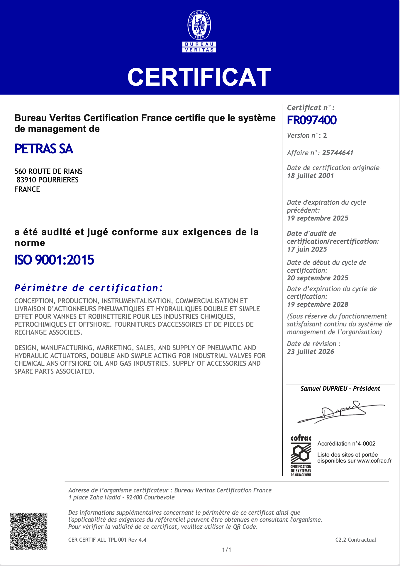 Certificat ISO 9001 PETRAS